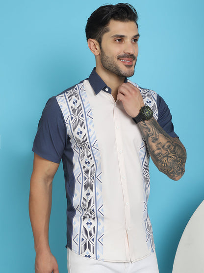 Indian Needle Men's Printed Half Sleeve Lycra Shirt - White