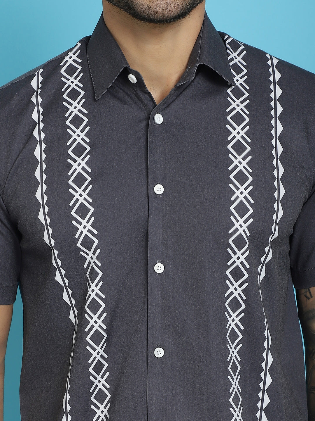 Indian Needle Men's Printed Half Sleeve Lycra Shirt - Charcoal