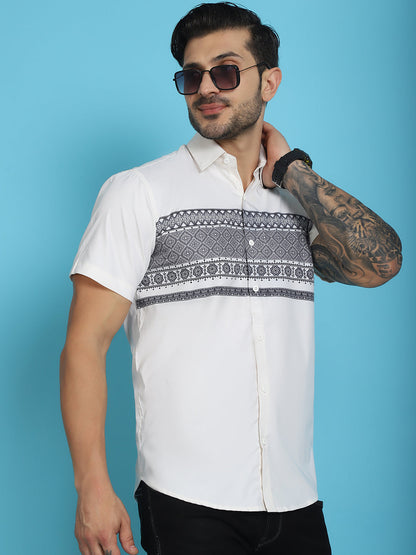 Indian Needle Men's Printed Half Sleeve Lycra Shirt - White