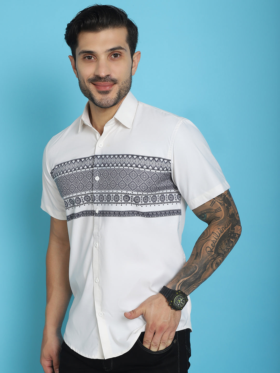 Indian Needle Men's Printed Half Sleeve Lycra Shirt - White