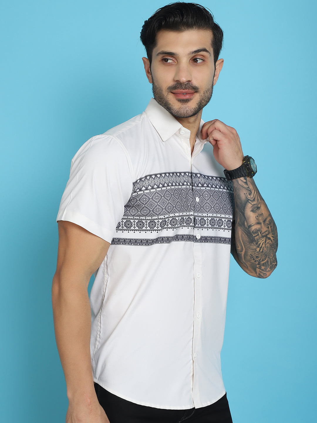 Indian Needle Men's Printed Half Sleeve Lycra Shirt - White