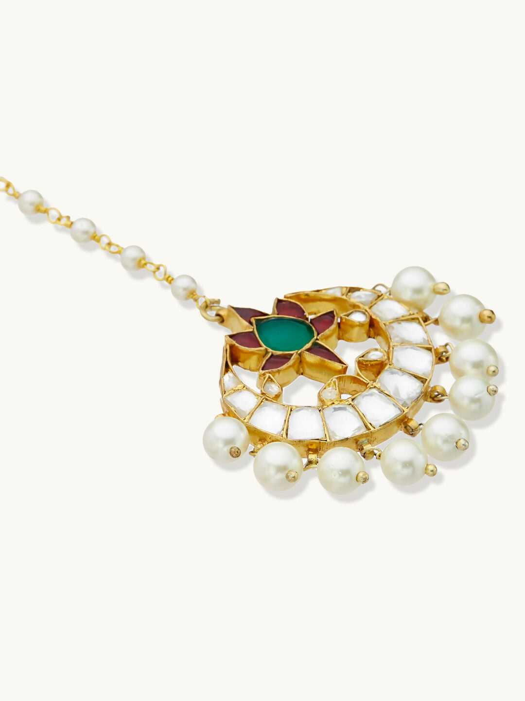 Nuyug 22K Gold-Plated Green Stone & Kundan Studded with Pearl Drop Maang Tikka Head Jewellery