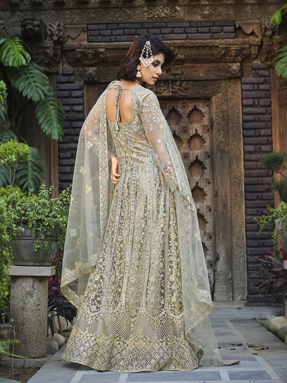 Myra Dusty Grey Butterfly Net Heavy Embroidered Designer Anarkali Suit