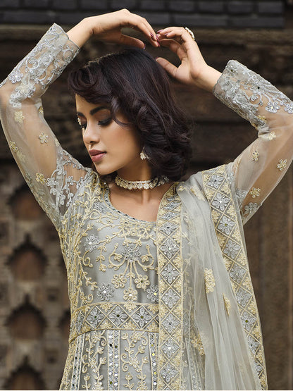 Myra Dusty Grey Butterfly Net Heavy Embroidered Designer Anarkali Suit