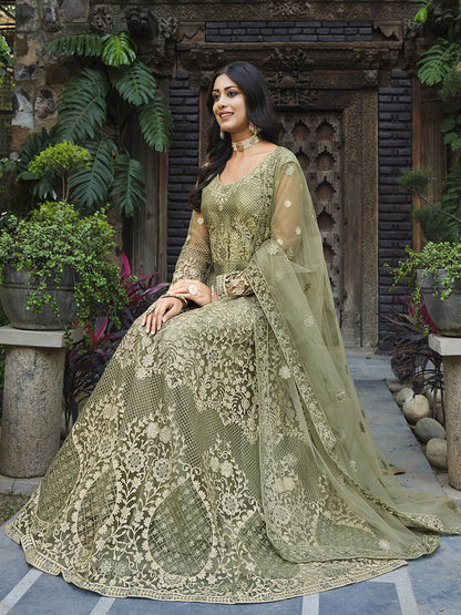 Myra Dusty Beige Butterfly Net Heavy Embroidered Designer Anarkali Suit