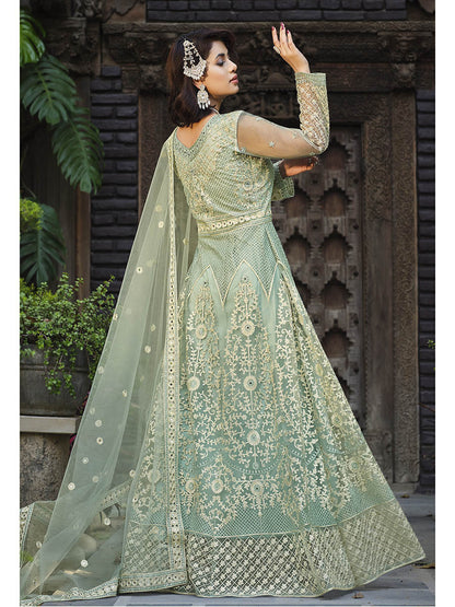 Myra Dusty Pista Butterfly Net Heavy Embroidered Designer Anarkali Suit