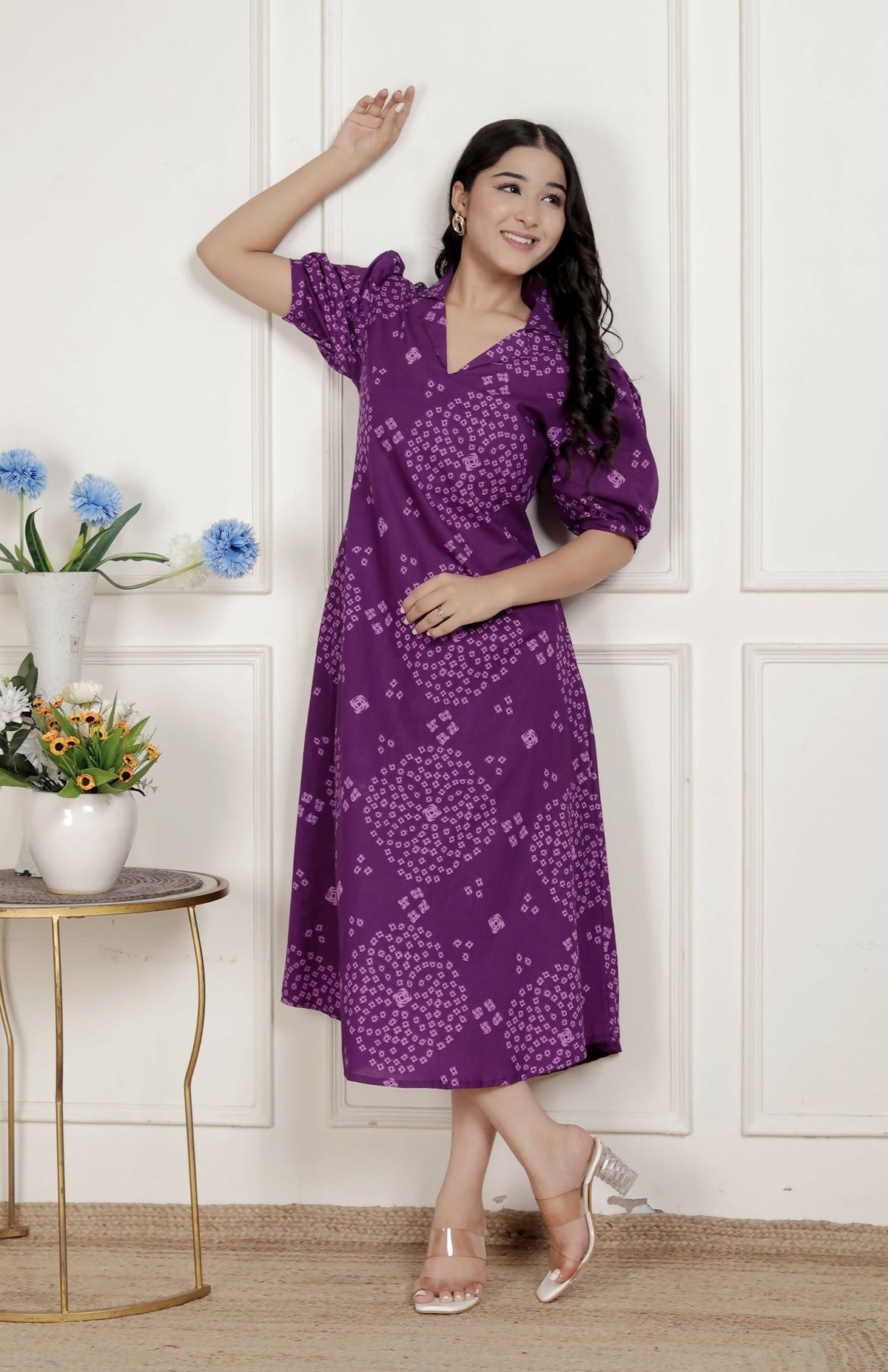 Miravan Womens Purple Bandhani Printed A-Line Maxi Dress