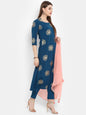 Janasya Teal Poly Crepe Gold Print Set
