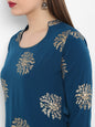 Janasya Teal Poly Crepe Gold Print Set