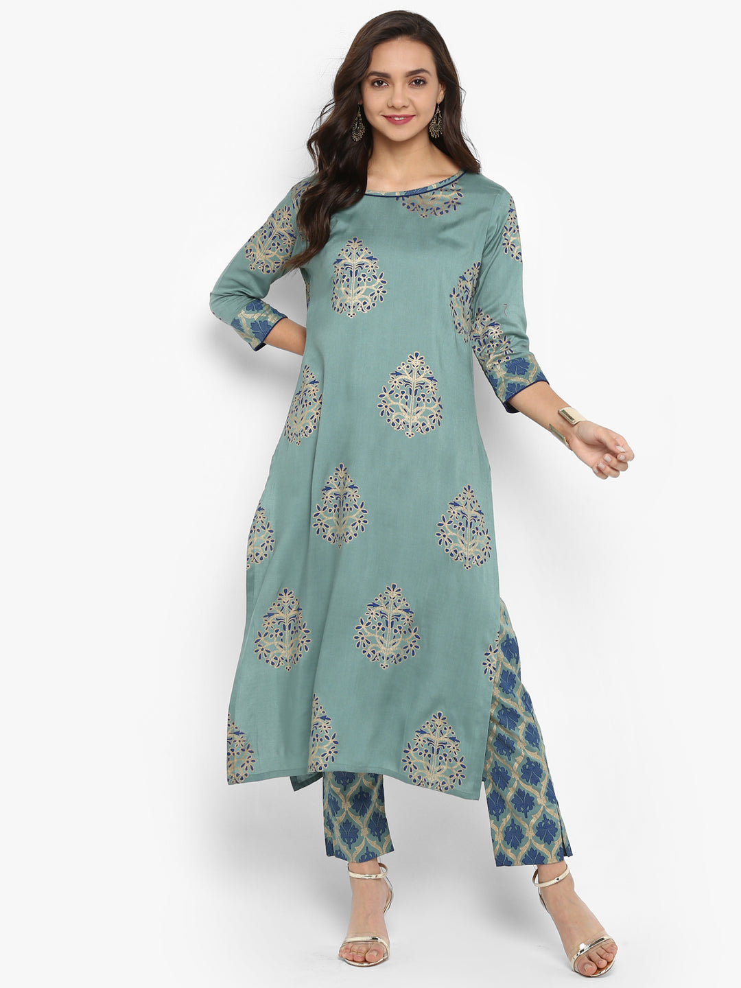 Janasya Turquoise Green Rayon Foil Print Set