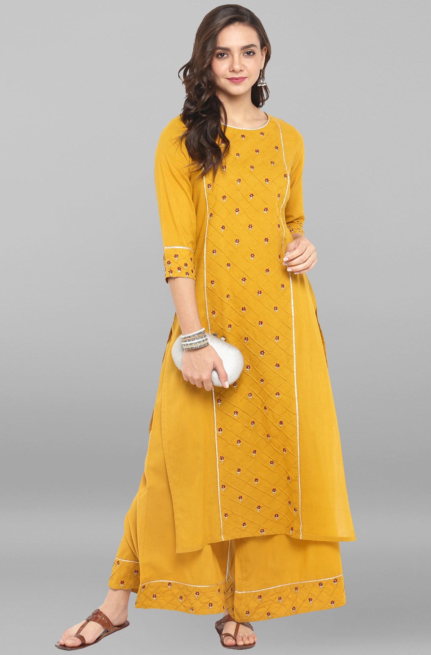 Janasya Women's Mustard Cotton Embroidered Kurta With Palazzo