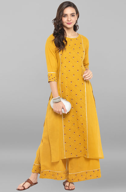 Janasya Women's Mustard Cotton Embroidered Kurta With Palazzo
