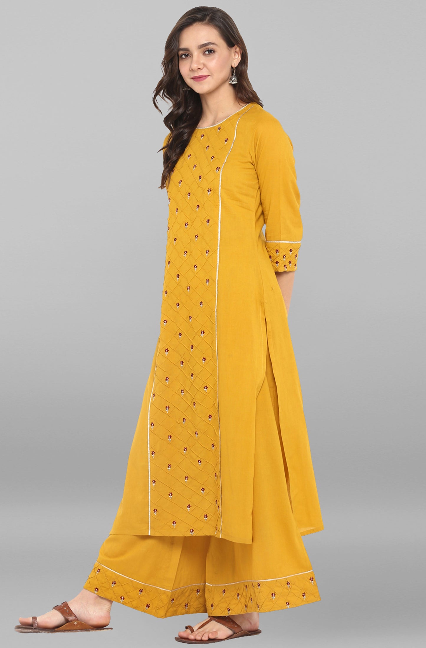 Janasya Women's Mustard Cotton Embroidered Kurta With Palazzo