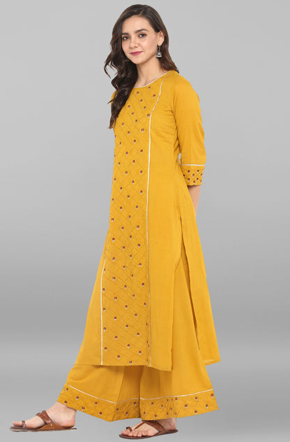 Janasya Women's Mustard Cotton Embroidered Kurta With Palazzo