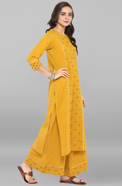 Janasya Women's Mustard Cotton Embroidered Kurta With Palazzo