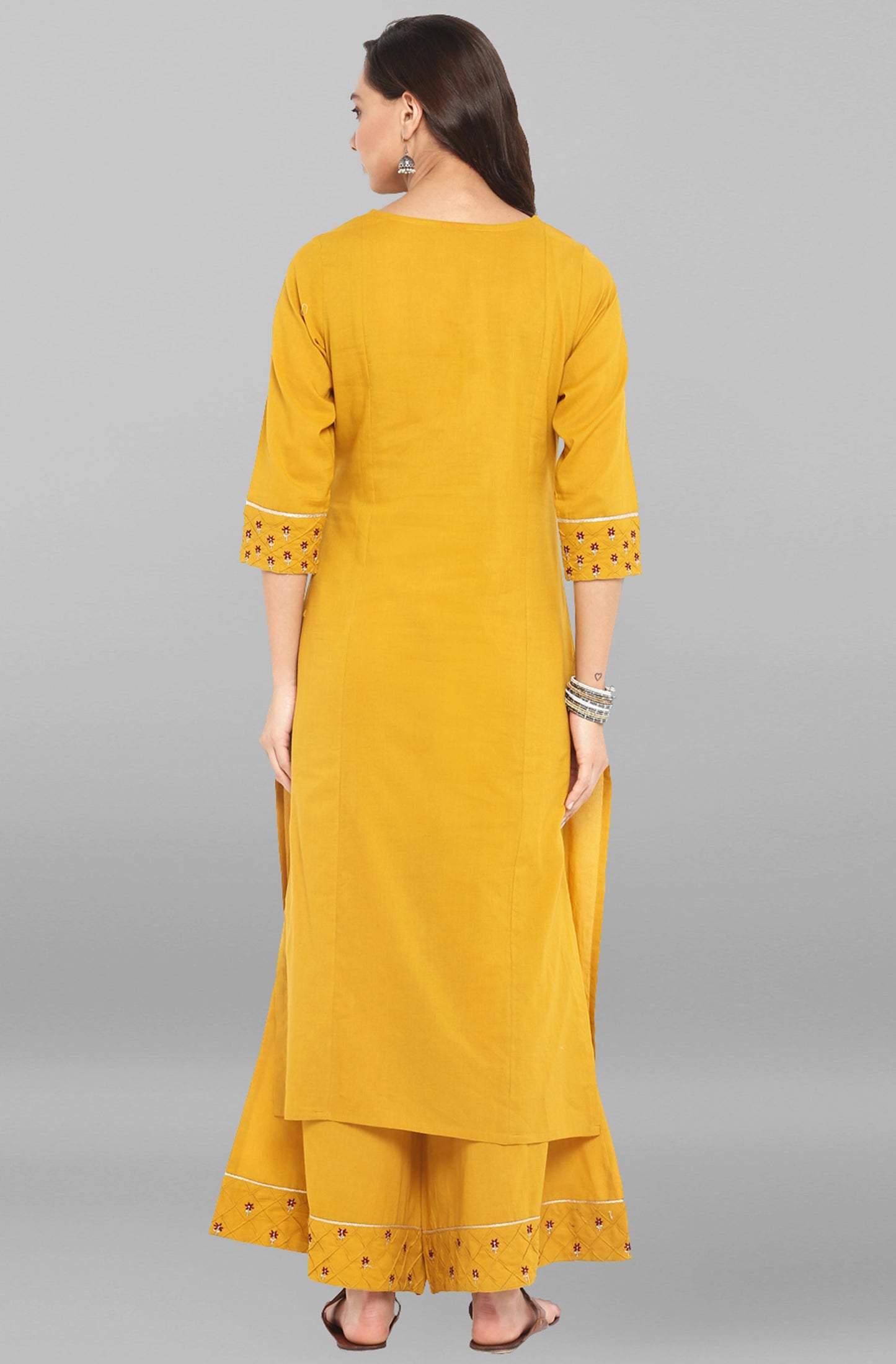 Janasya Women's Mustard Cotton Embroidered Kurta With Palazzo