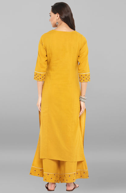 Janasya Women's Mustard Cotton Embroidered Kurta With Palazzo