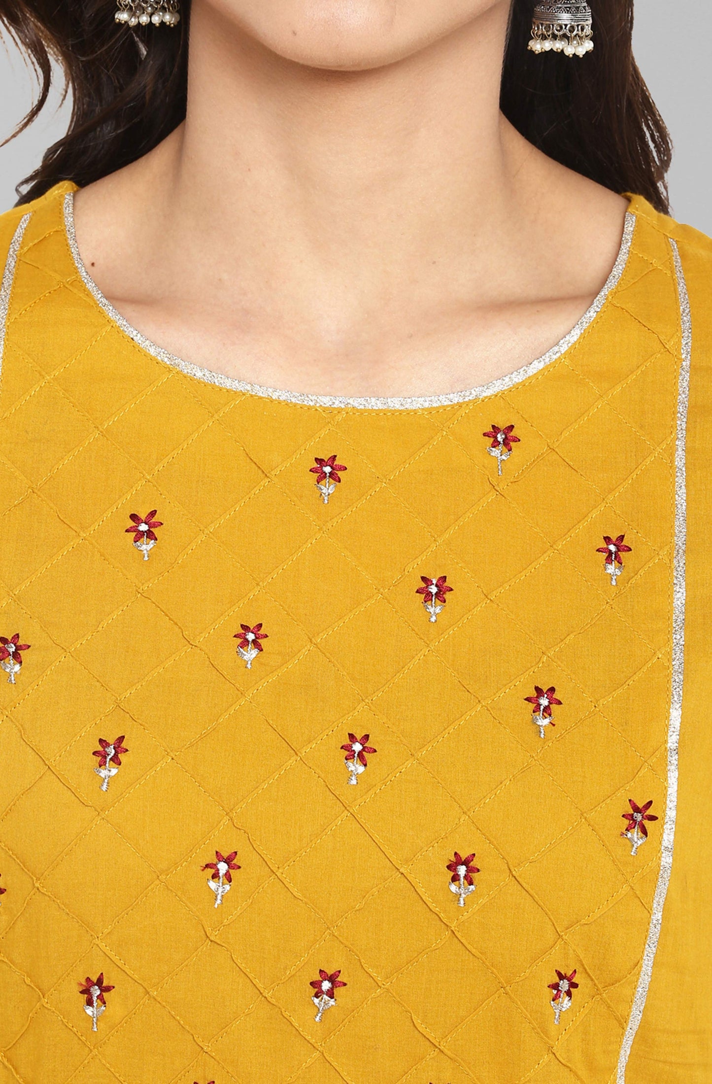 Janasya Women's Mustard Cotton Embroidered Kurta With Palazzo
