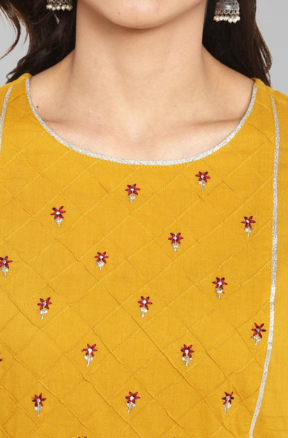Janasya Women's Mustard Cotton Embroidered Kurta With Palazzo