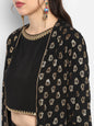 Janasya Black Poly Crepe Gold Print Set