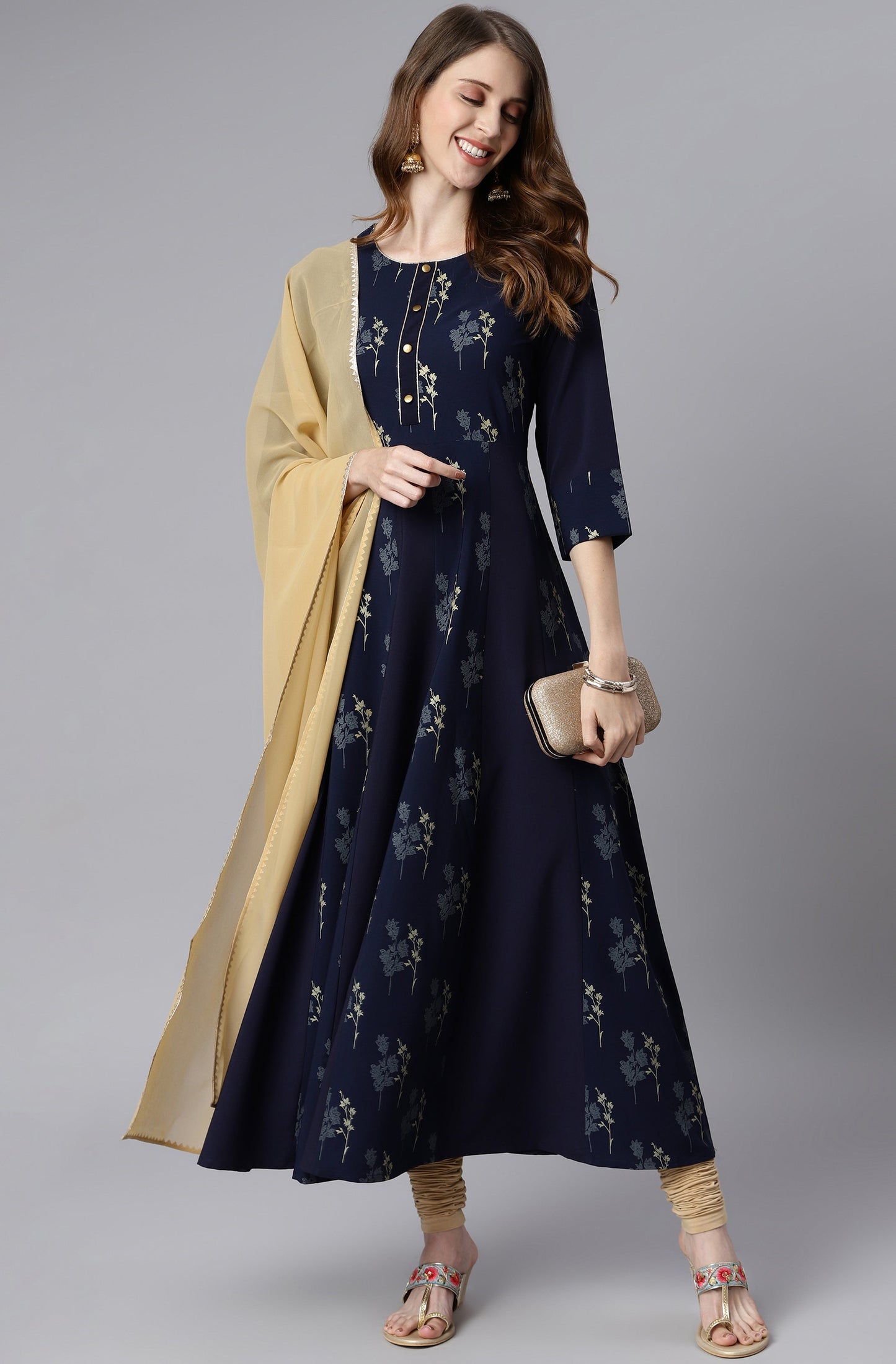 Janasya Women's Navy Blue Poly Crepe Floral Printed Anarkali Casual Kurta Set