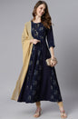 Janasya Women's Navy Blue Poly Crepe Floral Printed Anarkali Casual Kurta Set
