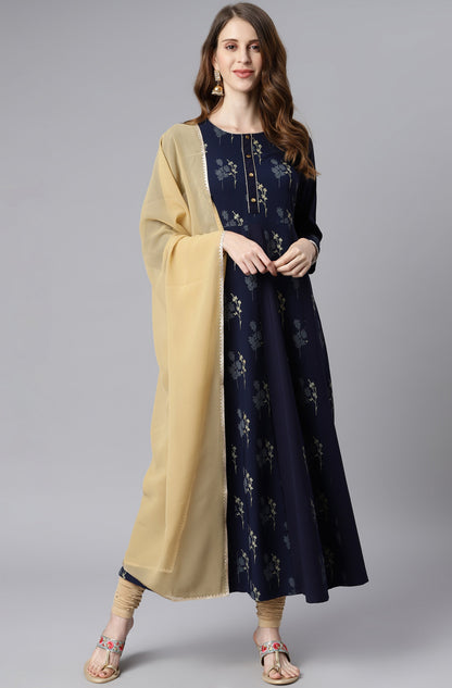 Janasya Women's Navy Blue Poly Crepe Floral Printed Anarkali Casual Kurta Set