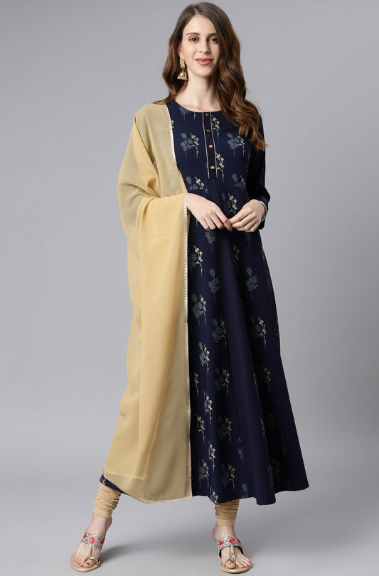 Janasya Women's Navy Blue Poly Crepe Floral Printed Anarkali Casual Kurta Set