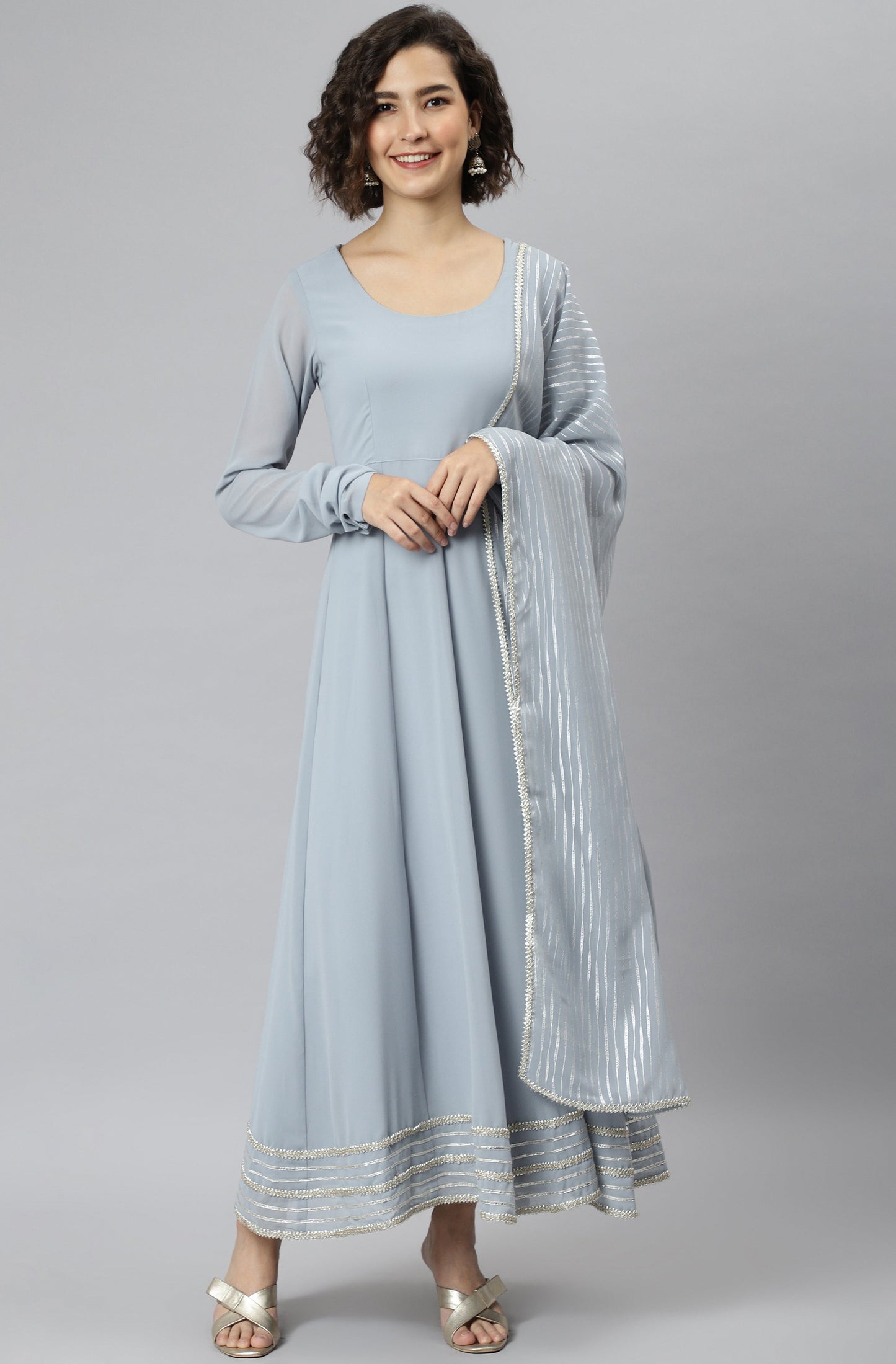 Janasya Women's Grey Poly Georgette Solid Kurta With Dupatta