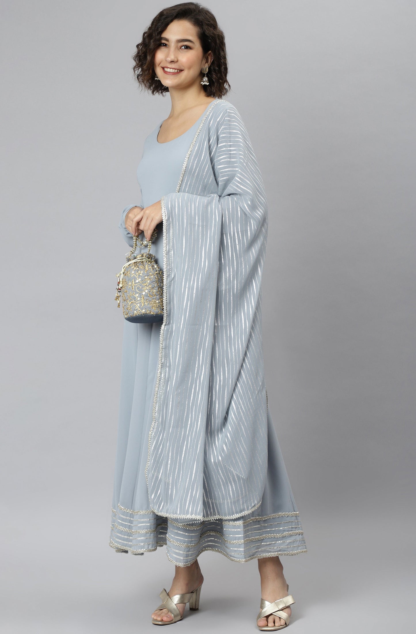 Janasya Women's Grey Poly Georgette Solid Kurta With Dupatta