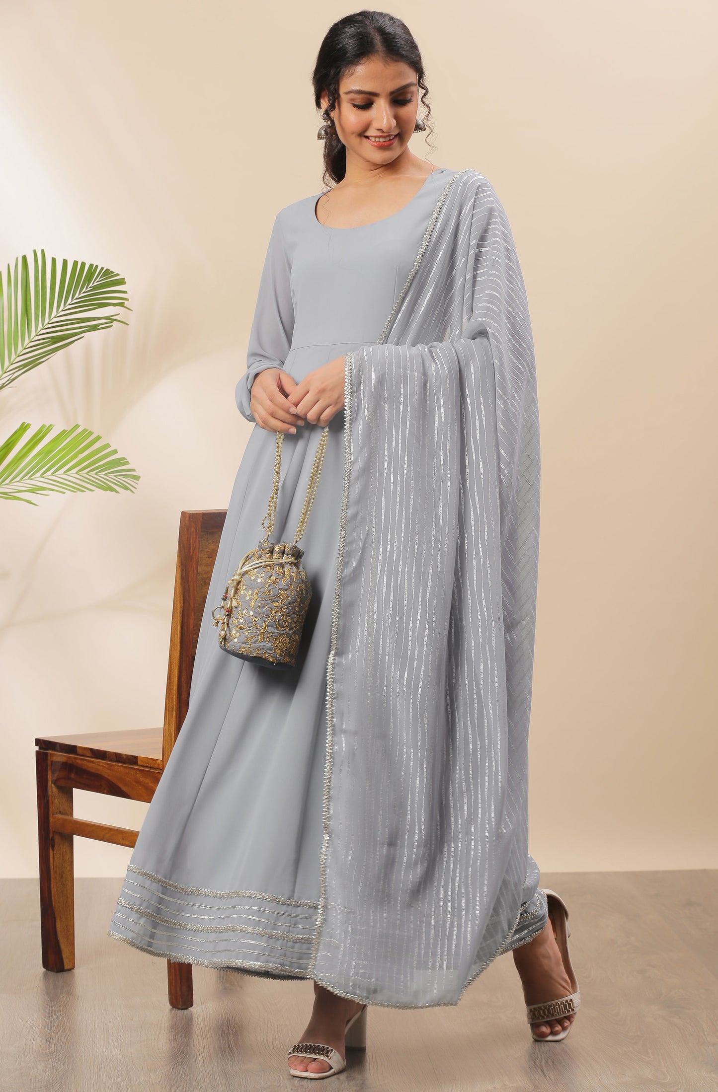 Janasya Women's Grey Poly Georgette Solid Kurta With Dupatta
