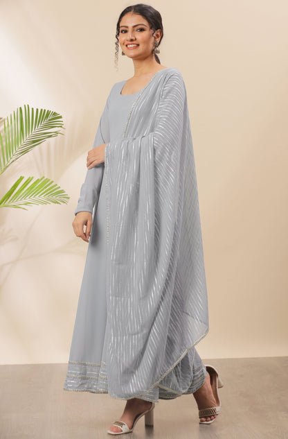 Janasya Women's Grey Poly Georgette Solid Kurta With Dupatta