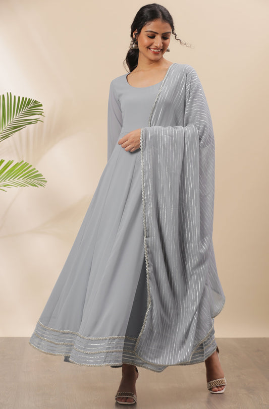 Janasya Women's Grey Poly Georgette Solid Kurta With Dupatta