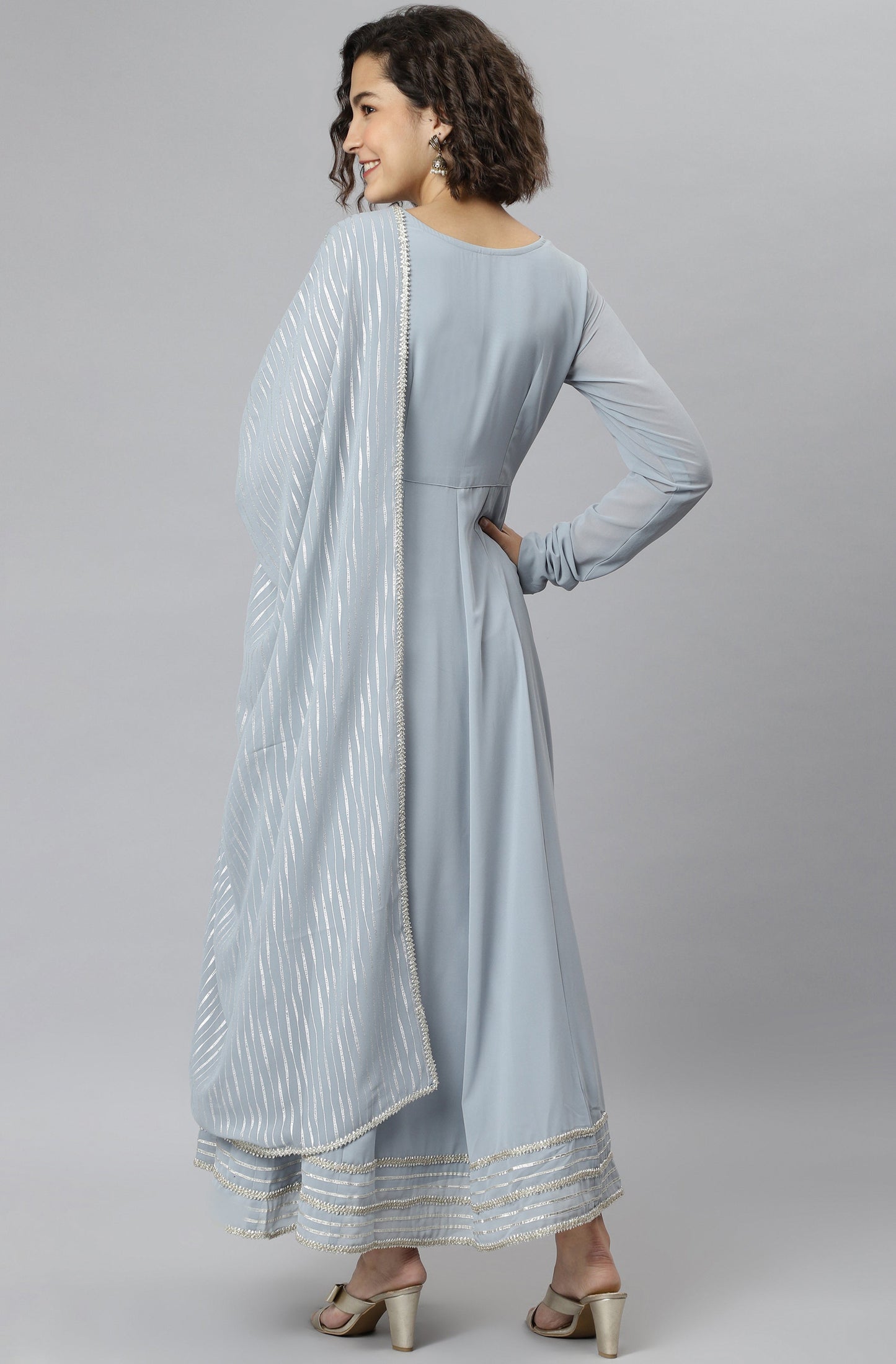 Janasya Women's Grey Poly Georgette Solid Kurta With Dupatta