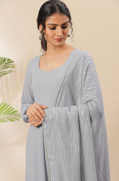 Janasya Women's Grey Poly Georgette Solid Kurta With Dupatta