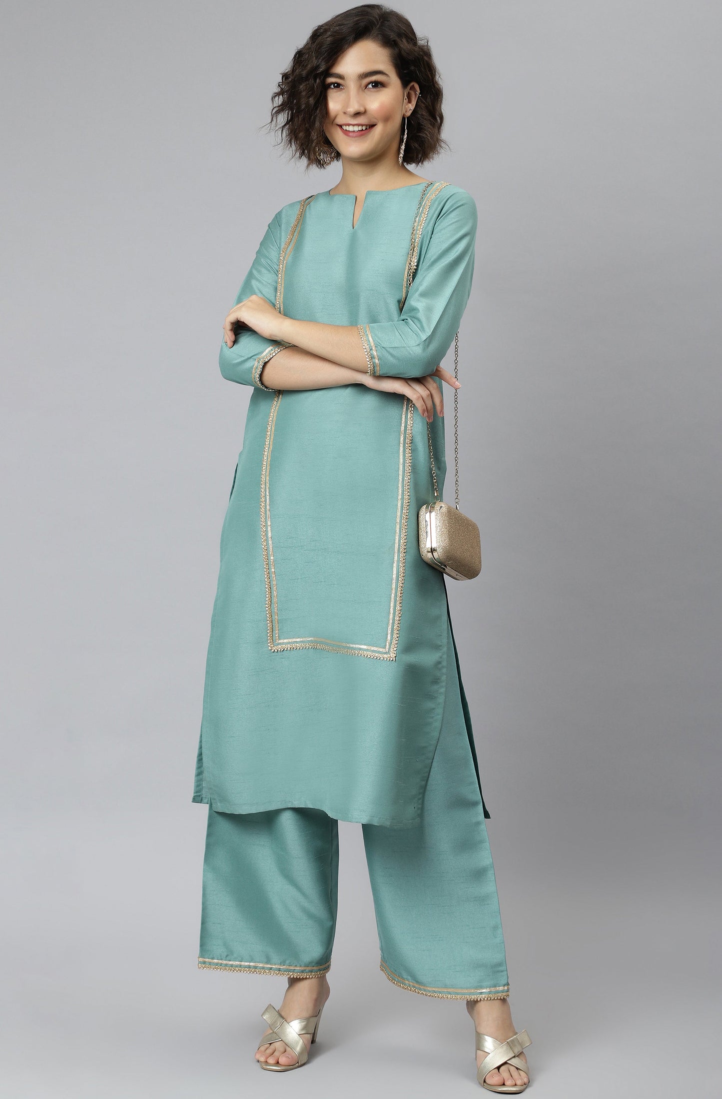 Janasya Women's Green Poly Silk Solid Straight Festive Kurta Set