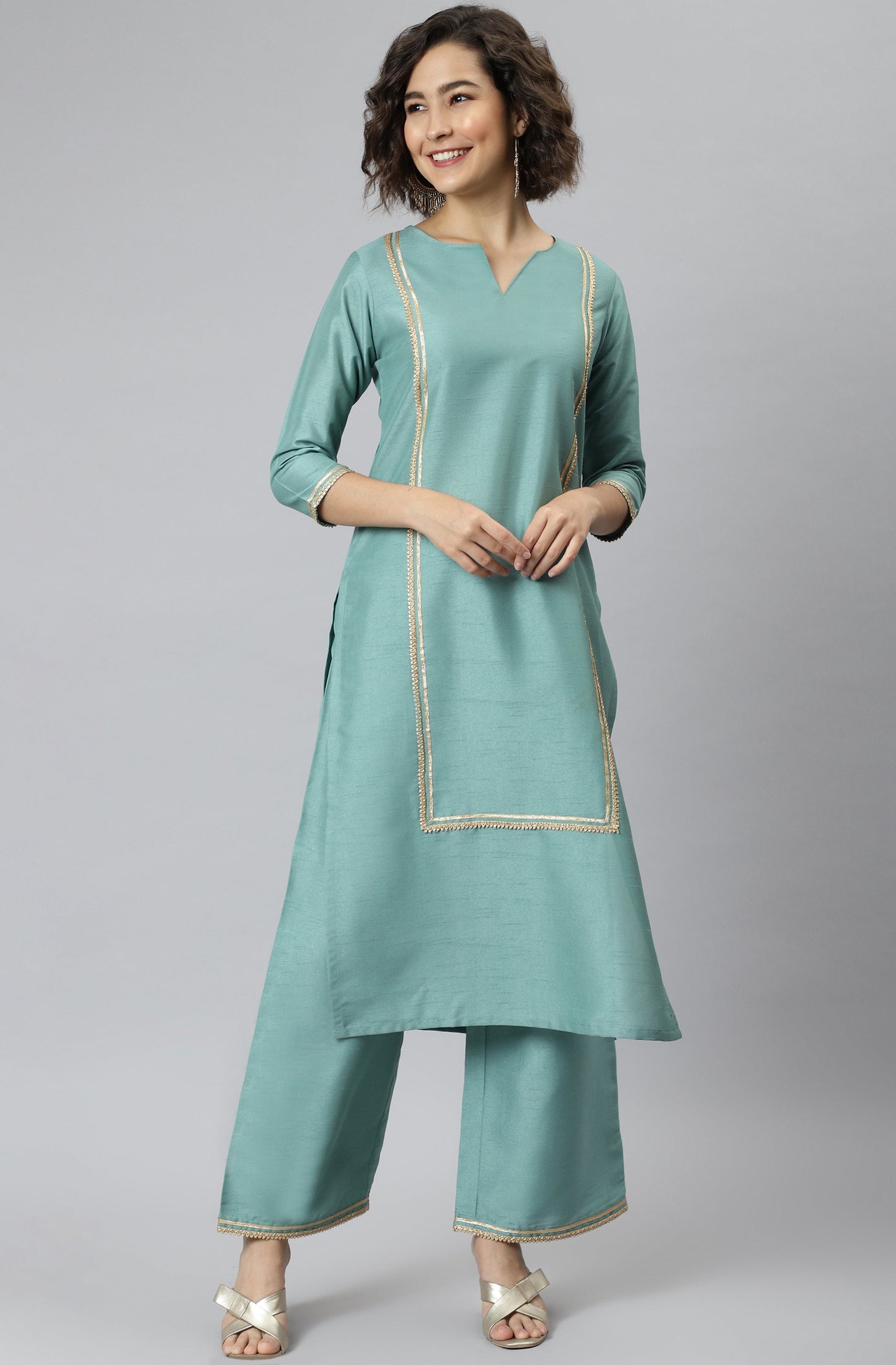 Janasya Women's Green Poly Silk Solid Straight Festive Kurta Set