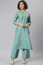 Janasya Women's Green Poly Silk Solid Straight Festive Kurta Set