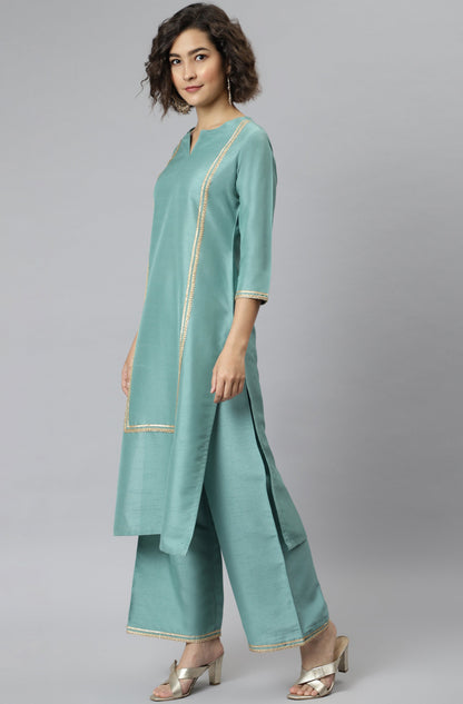 Janasya Women's Green Poly Silk Solid Straight Festive Kurta Set