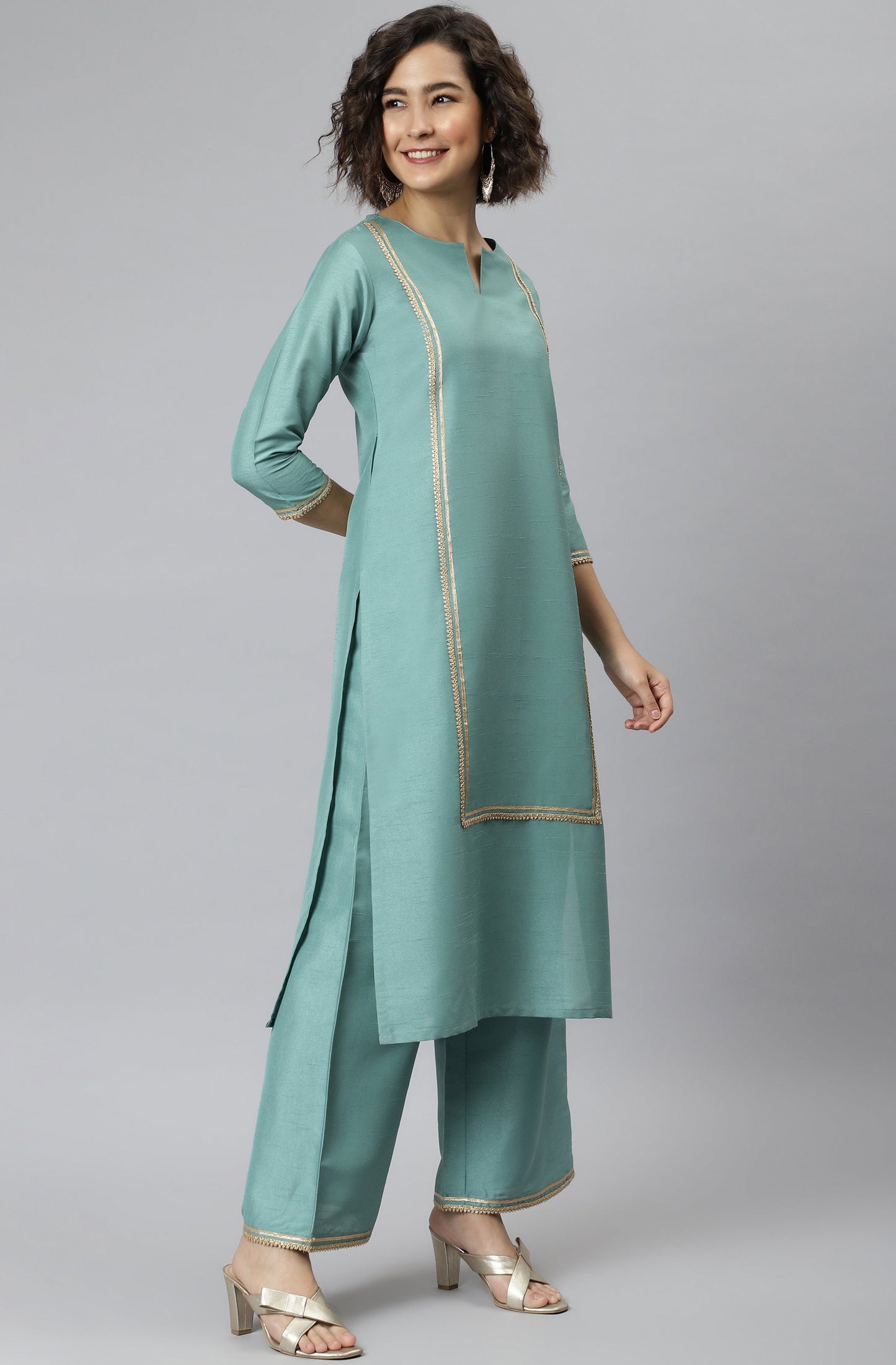 Janasya Women's Green Poly Silk Solid Straight Festive Kurta Set