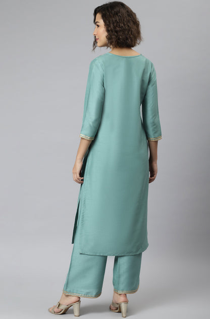 Janasya Women's Green Poly Silk Solid Straight Festive Kurta Set
