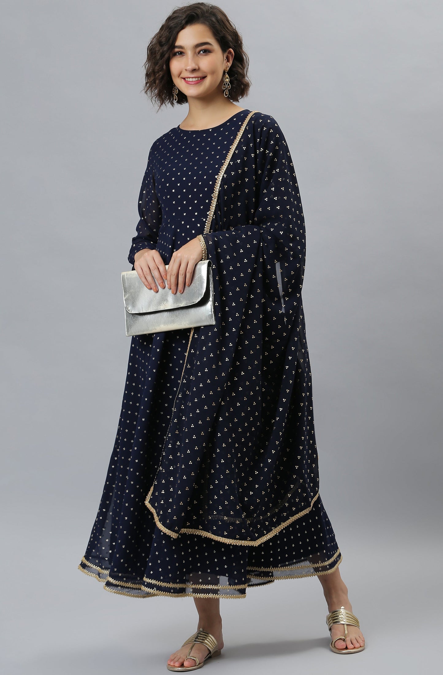 Janasya Women's Navy Blue Poly Georgette Foil Print Kurta With Dupatta