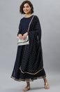 Janasya Women's Navy Blue Poly Georgette Foil Print Kurta With Dupatta
