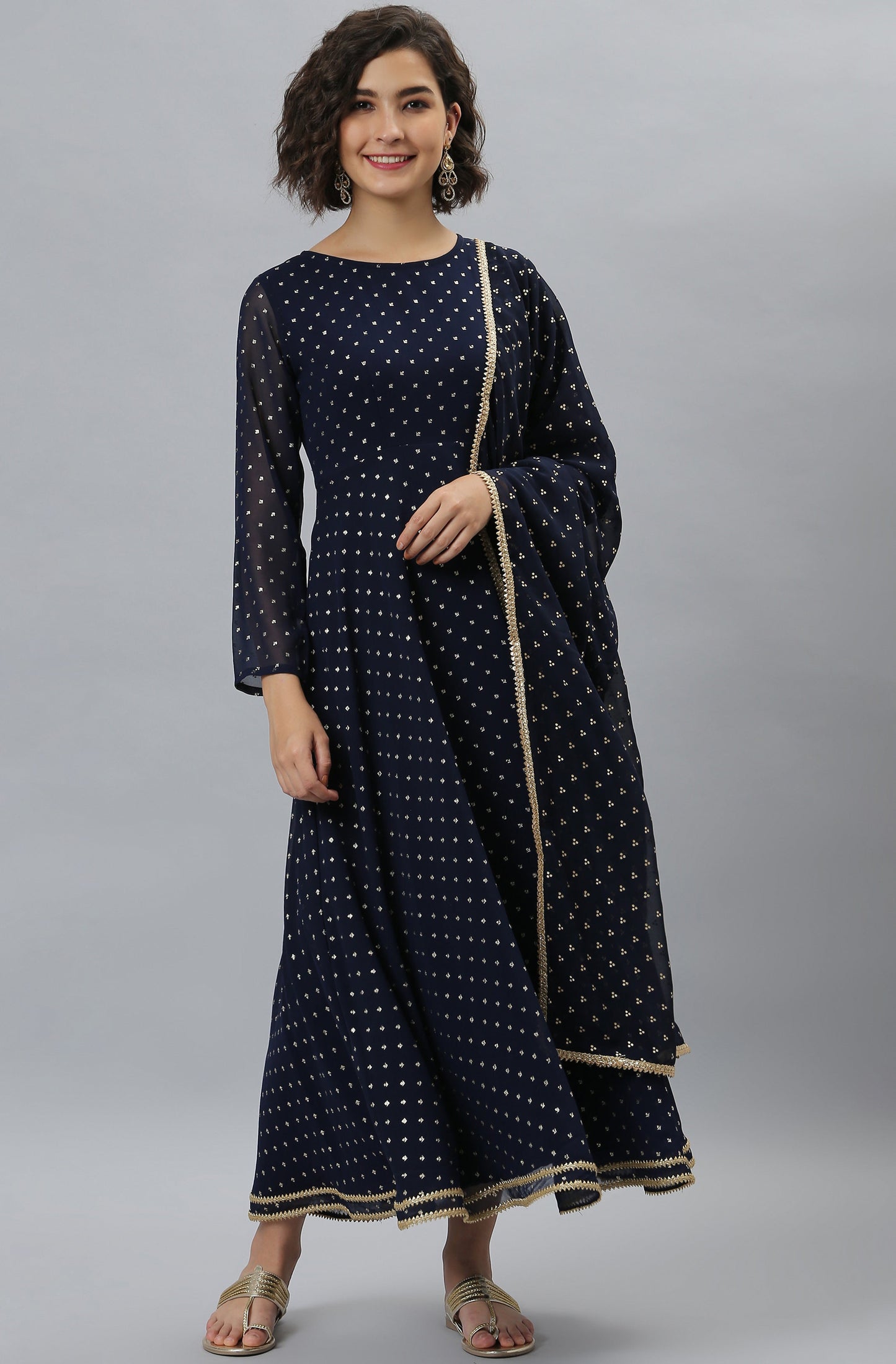 Janasya Women's Navy Blue Poly Georgette Foil Print Kurta With Dupatta