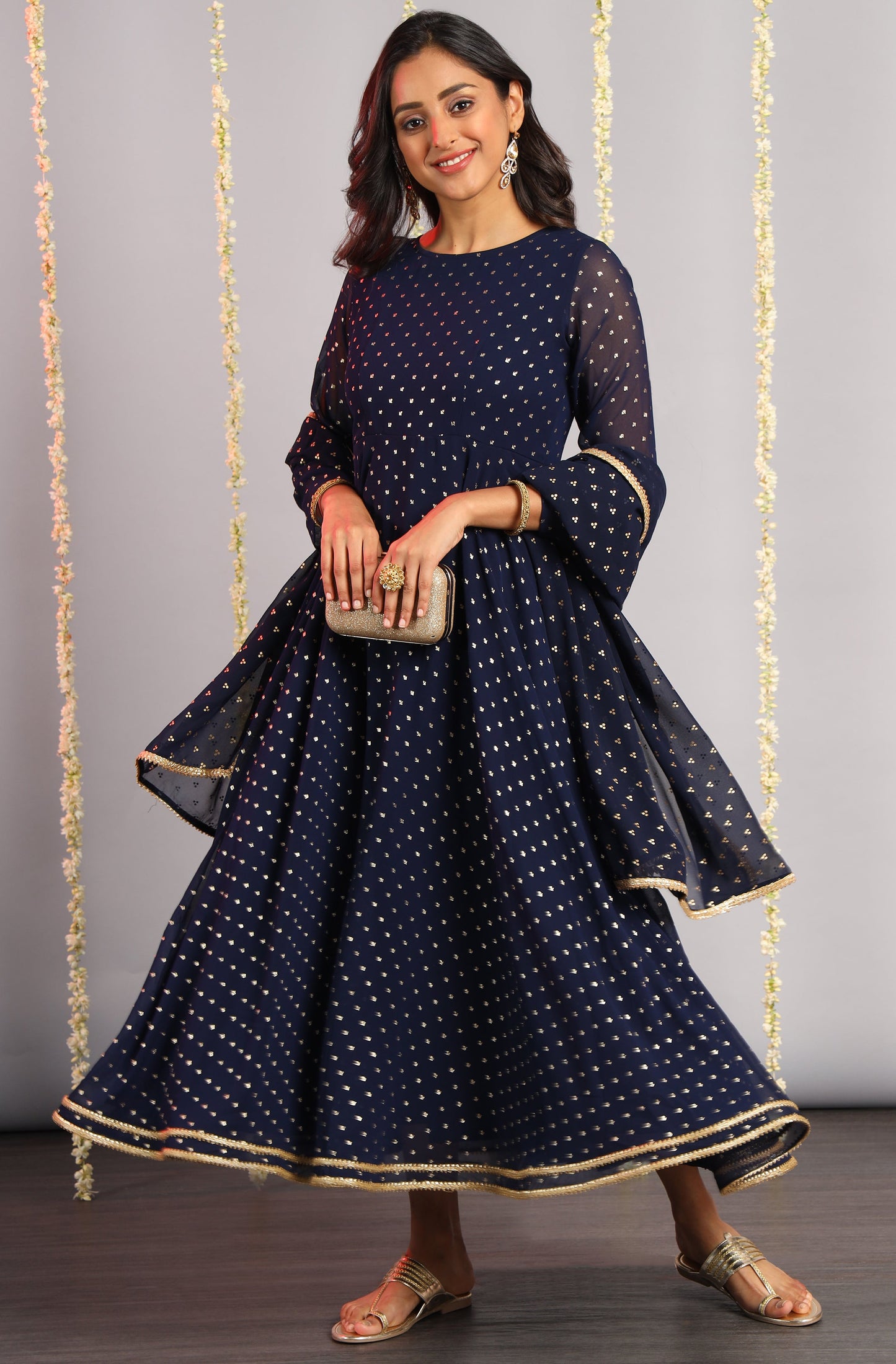 Janasya Women's Navy Blue Poly Georgette Foil Print Kurta With Dupatta