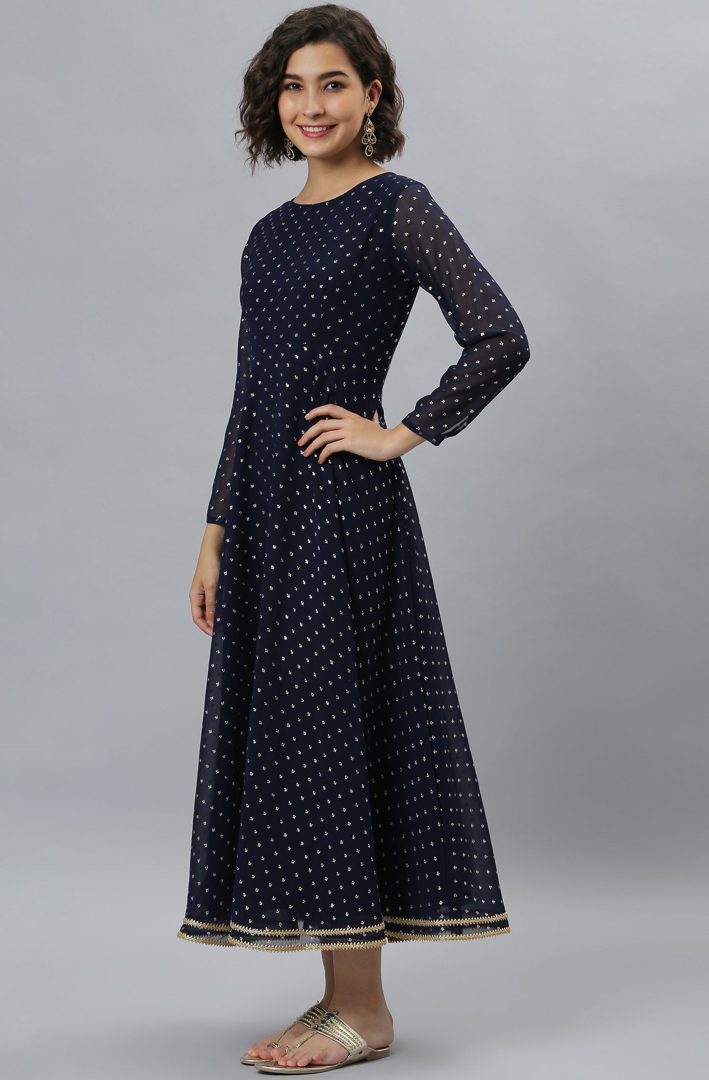 Janasya Women's Navy Blue Poly Georgette Foil Print Kurta With Dupatta