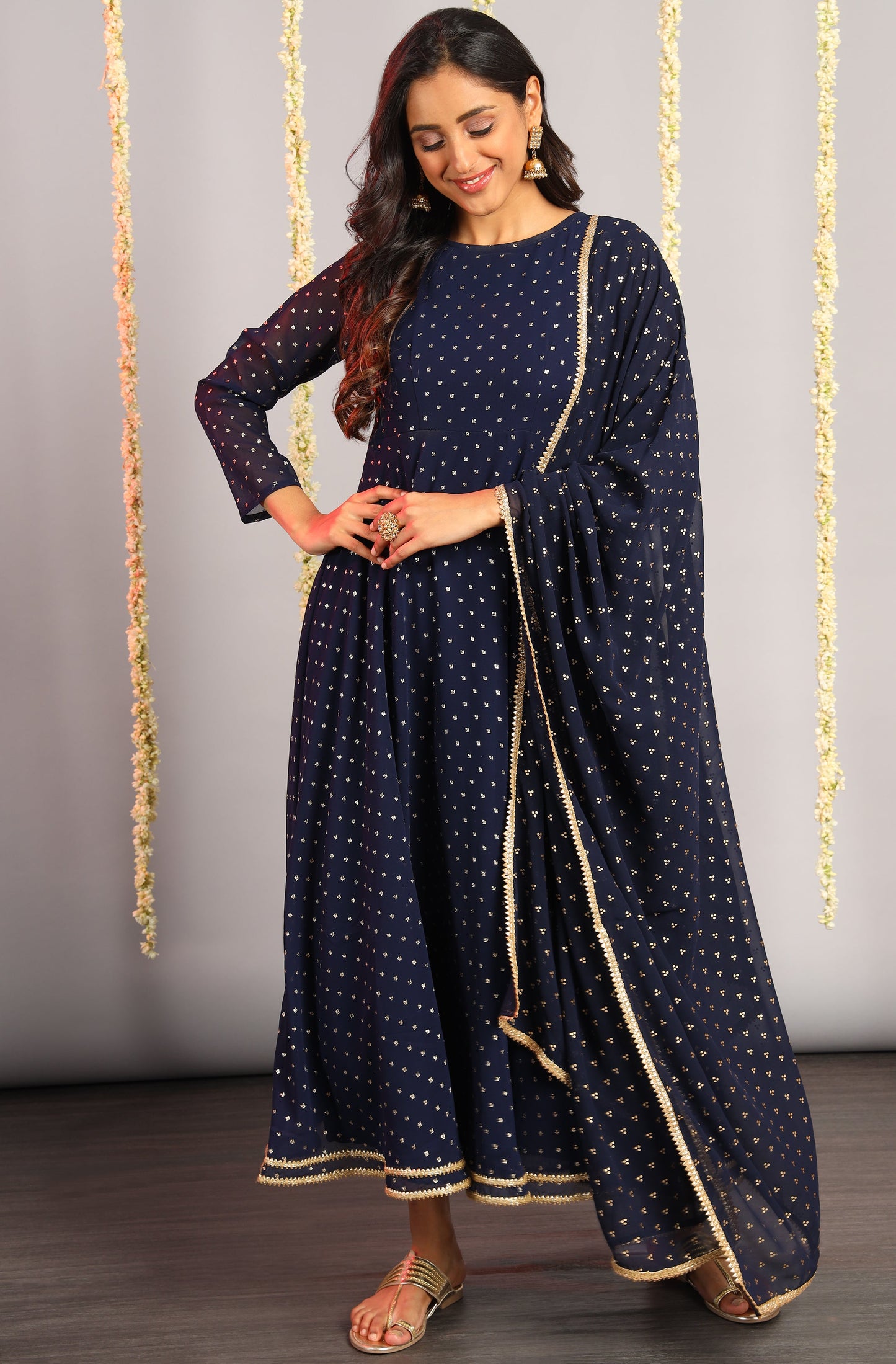 Janasya Women's Navy Blue Poly Georgette Foil Print Kurta With Dupatta