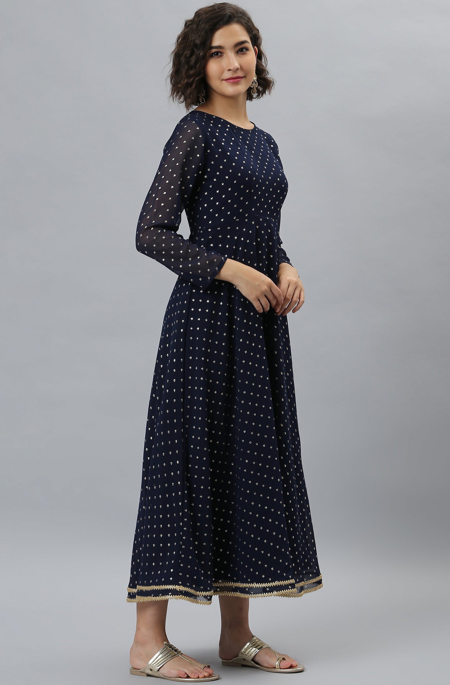 Janasya Women's Navy Blue Poly Georgette Foil Print Kurta With Dupatta