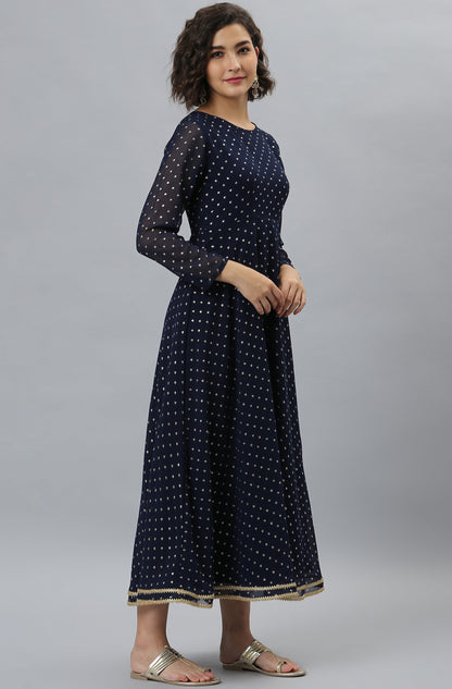 Janasya Women's Navy Blue Poly Georgette Foil Print Kurta With Dupatta