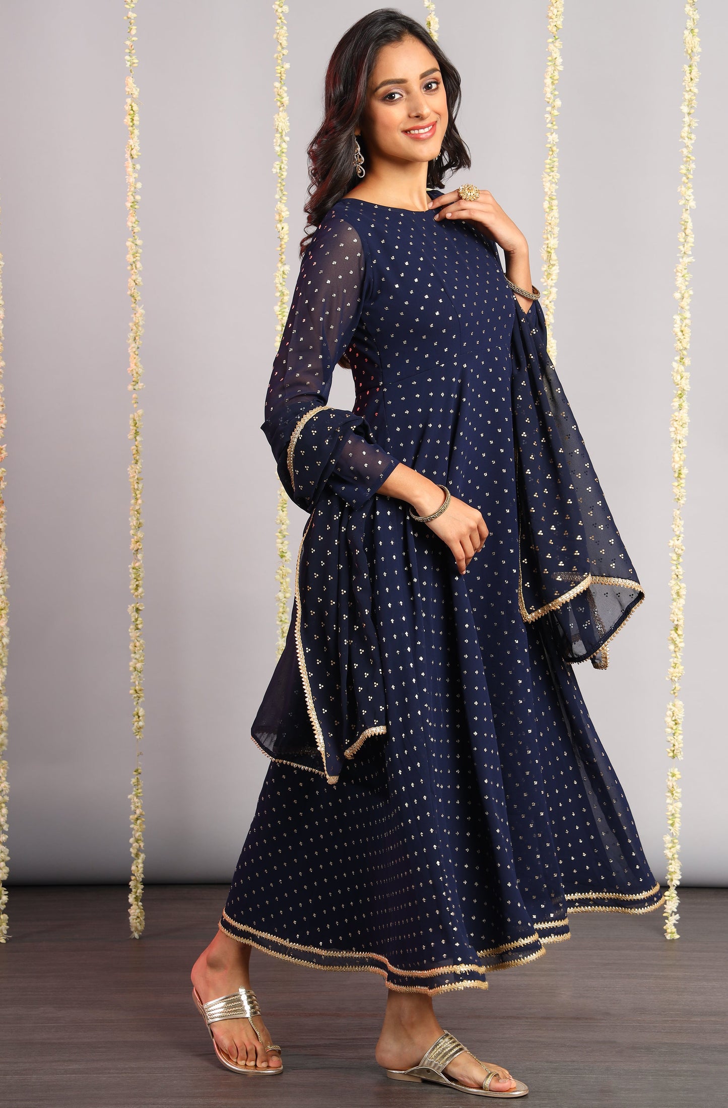 Janasya Women's Navy Blue Poly Georgette Foil Print Kurta With Dupatta